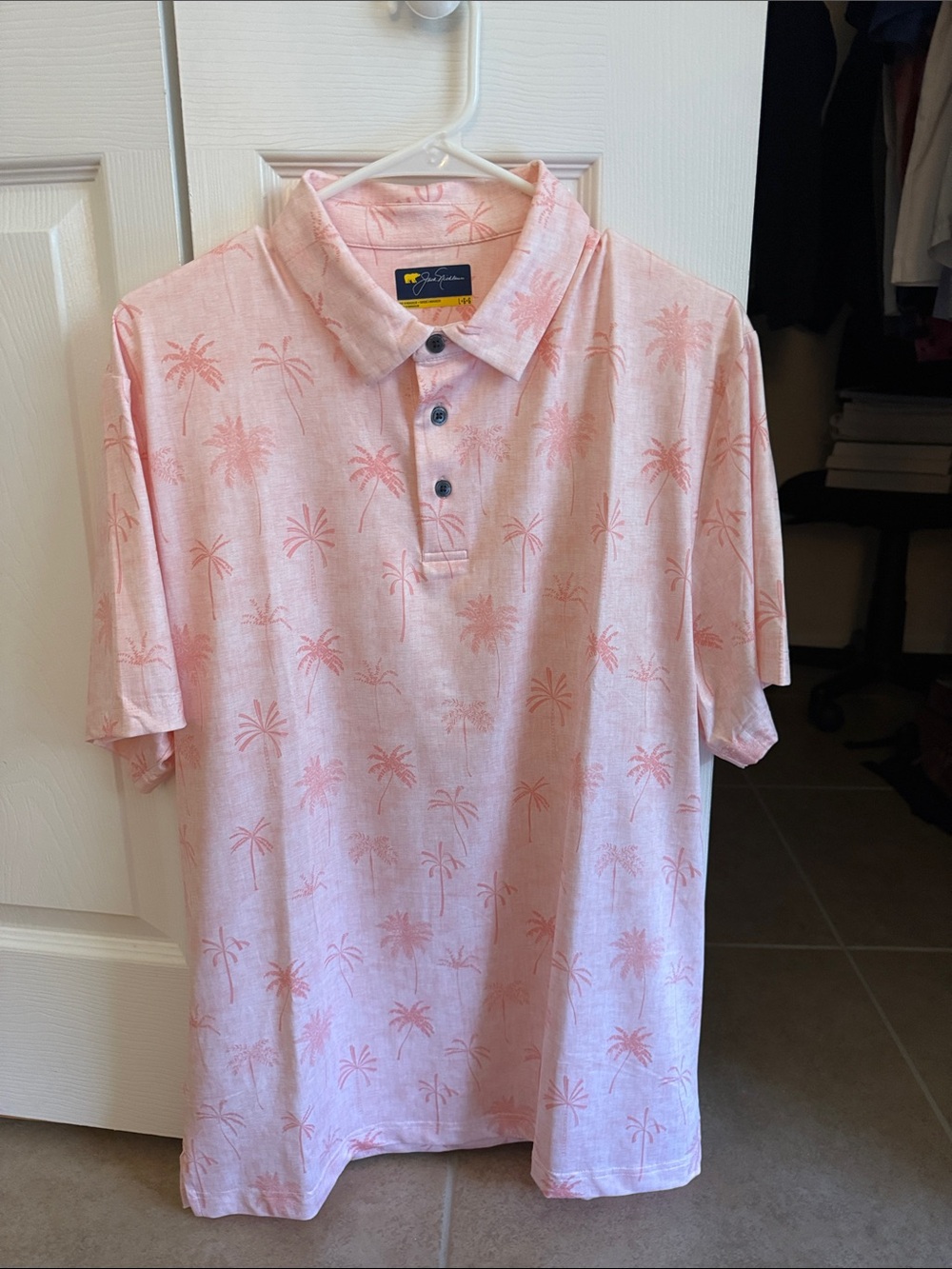 Resort-Style Light Pink Palm-Print Polo Shirt